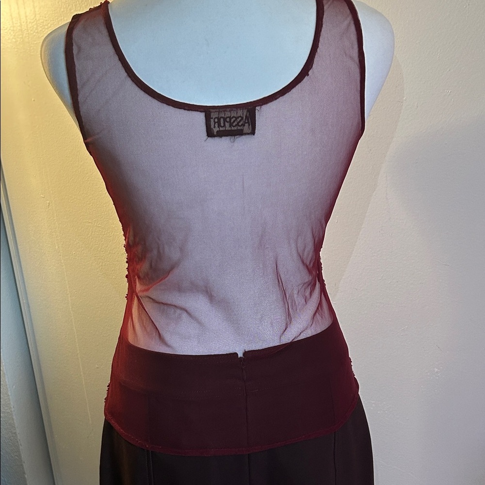 Passport  Vintage 90s Burgundy Beaded and Sequined Embellished Sheer Tank Top - Picture 7 of 14